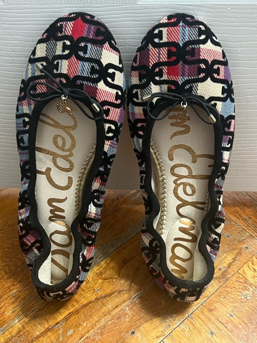 Sam Edelman Black-Trim Plaid Ballet Flats with Bow